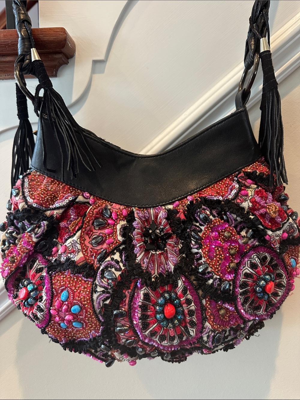Mary Frances Black beaded Bag with Pink and Red Beadwork. - Picture 2 of 6